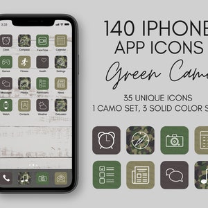 iOS14 iPhone Icon Covers, Green Camo, 140 Icon Pack (35 Unique Icons) IOS14 Icon App Icon Bundle, Camouflage Icon, Green Tan Beige, for men