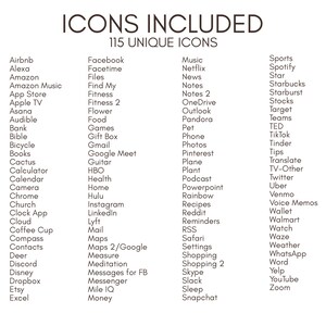 May include: A list of 115 unique icons, including popular apps, services, and brands. The icons are arranged in columns and include names such as Airbnb, Alexa, Amazon, Apple, Facebook, Google, Instagram, Netflix, Spotify, Twitter, and YouTube.