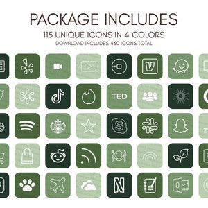 May include: A set of 115 unique icons in four colors, including green, white, and black. The icons represent popular brands and social media platforms, such as Twitter, Instagram, TikTok, and Spotify. The text "PACKAGE INCLUDES 115 UNIQUE ICONS IN 4 COLORS DOWNLOAD INCLUDES 460 ICONS TOTAL" is displayed at the top of the image.
