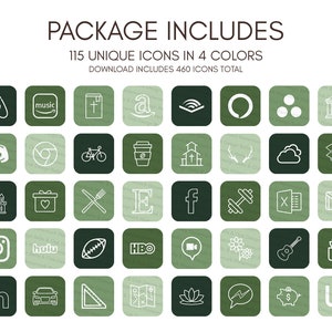 May include: A set of 115 unique icons in four colors, including social media, apps, and other common symbols. The icons are outlined in white and set against a green background. The text "PACKAGE INCLUDES" and "115 UNIQUE ICONS IN 4 COLORS" is displayed at the top of the image.
