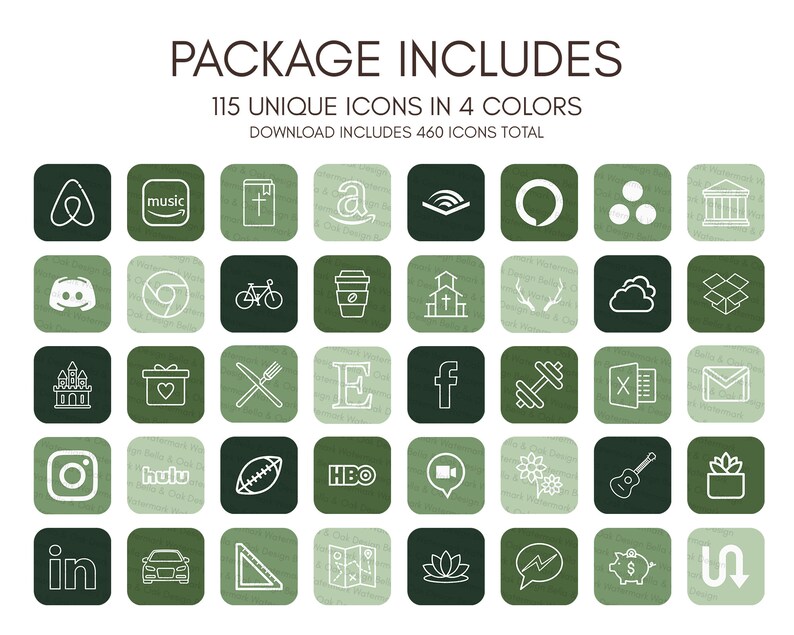 May include: A set of 115 unique icons in four colors, including social media, apps, and other common symbols. The icons are outlined in white and set against a green background. The text "PACKAGE INCLUDES" and "115 UNIQUE ICONS IN 4 COLORS" is displayed at the top of the image.