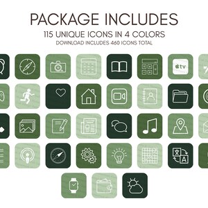 May include: A set of 115 unique icons in four colors, including green, white, and black. The icons are arranged in a grid pattern and include a variety of symbols, such as a clock, compass, camera, calendar, book, calculator, TV, ruler, game controller, running person, heart, house, video camera, address book, folder, target, phone, photo, pencil, newspaper, chat bubbles, music note, location pin, envelope, checklist, microphone, watch, wallet, and cloud.