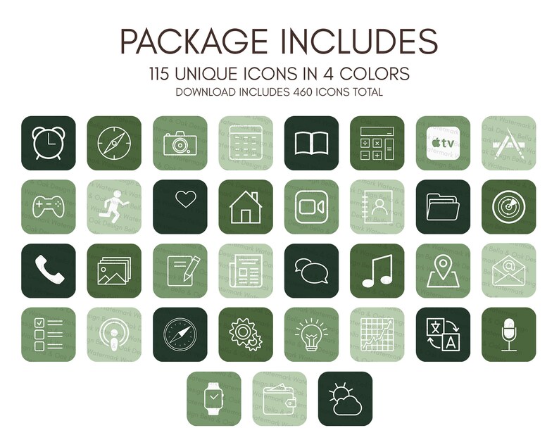 May include: A set of 115 unique icons in four colors, including green, white, and black. The icons are arranged in a grid pattern and include a variety of symbols, such as a clock, compass, camera, calendar, book, calculator, TV, ruler, game controller, running person, heart, house, video camera, address book, folder, target, phone, photo, pencil, newspaper, chat bubbles, music note, location pin, envelope, checklist, microphone, watch, wallet, and cloud.