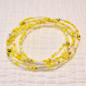Yellow & White Seed Bead Bracelet Set: Stretchy Gold Accents