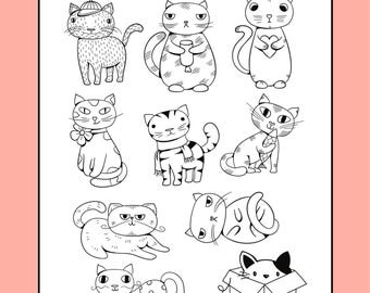 Cats Coloring Page, Whimsical Kitties, Printable Art (Digital Download)