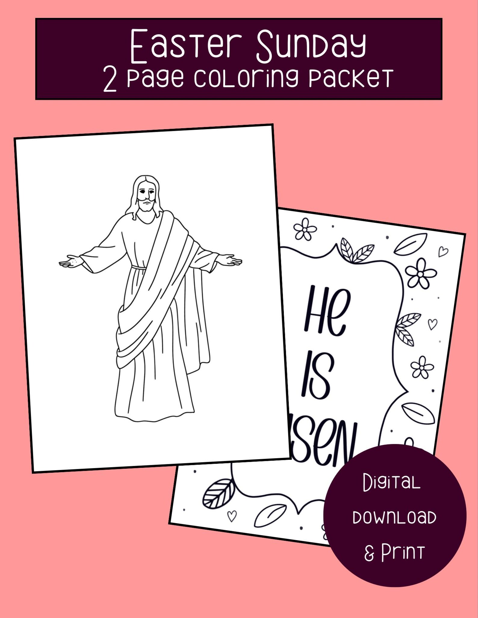 Easter Sunday 2 Page Digital Download Coloring Pages, He is Risen ...