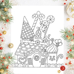 Página para colorear de los niños de la casa de pan de jengibre, imprimible para colorear de Navidad, hoja de la casa de pan de jengibre, página para colorear de manualidades navideñas para niños, lindo colorante