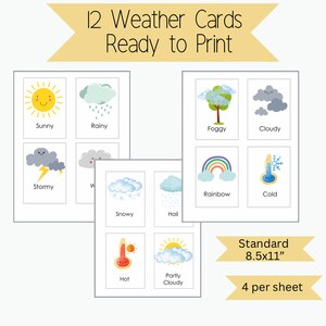 Flashcards meteorológicos, flashcards pré-escolares, 12 flashcards meteorológicos, cartões educacionais para impressão, flashcards escolares em casa, download instantâneo de flascards,