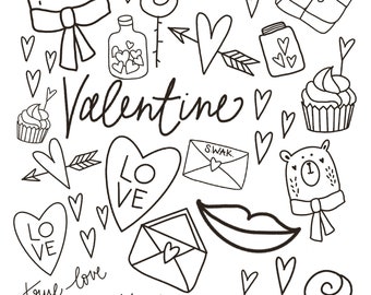 Valentine's Day Coloring Page: Hearts, Bears, Cupcakes (Digital Download)