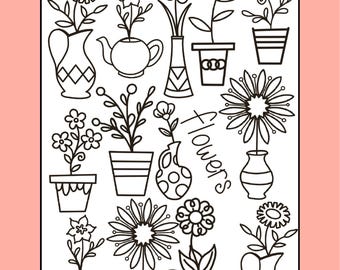Floral Coloring Page: Simple Flowers in Vases (Digital Download)
