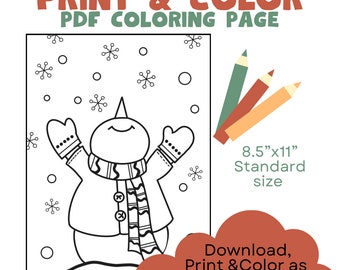 Snowman coloring page, downloadable coloring page, print and color, coloring page for kids and adults, digital coloring page, Christmas fun