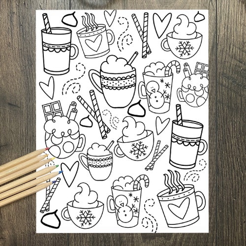 Christmas Printable Hot Chocolate Cups Cocoa Coloring Page - Etsy