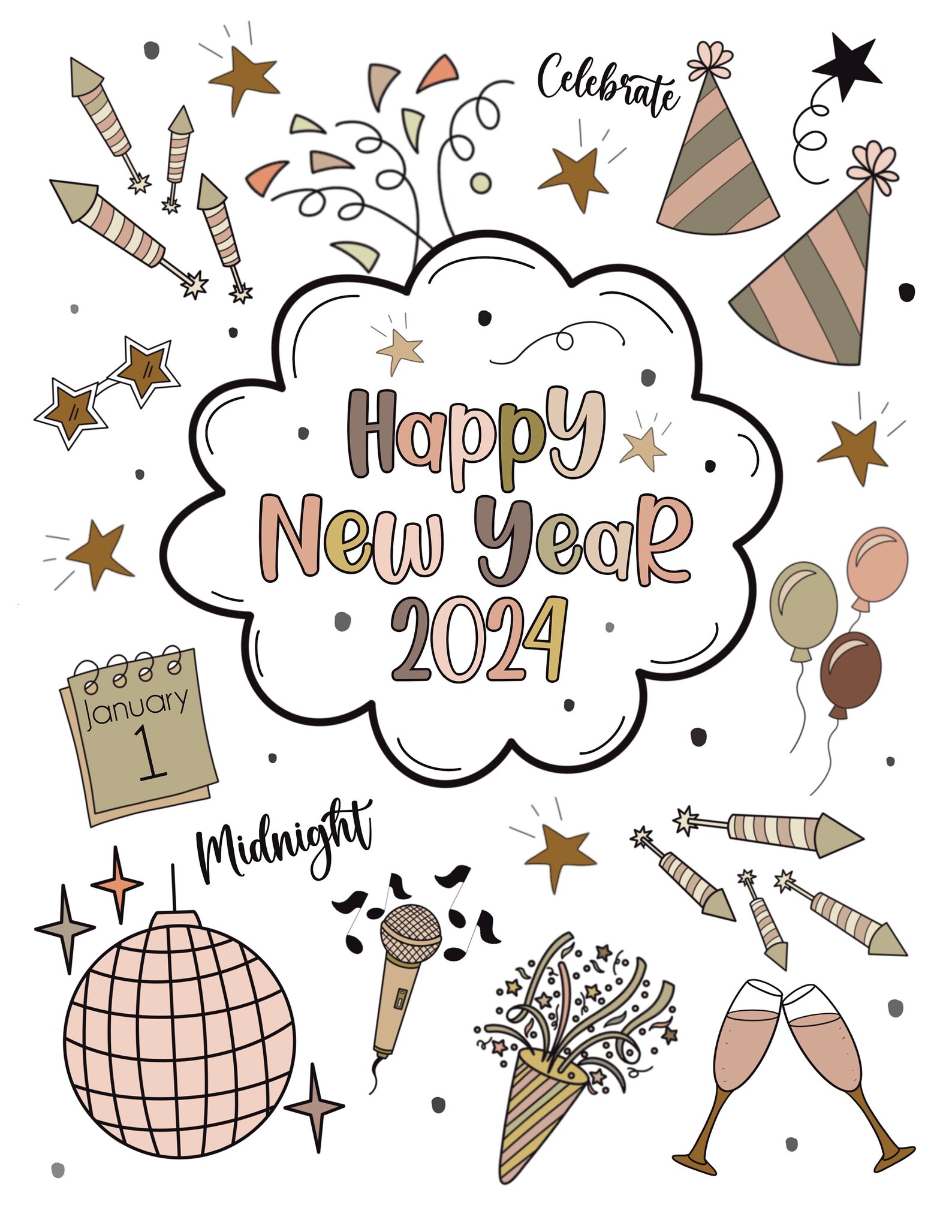 New Year’s Eve Printable Coloring Page, Instant Download Kids Party