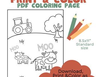 Kids Farm animal themed coloring page, instant download, kids coloring craft,birthday party ideas,kids birthday party idea,printable