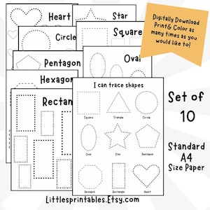 May include: A set of 10 printable tracing worksheets for kids to practice tracing different shapes. The shapes include a heart, star, circle, square, pentagon, hexagon, rectangle, oval, and triangle. The worksheets are designed for standard A4 size paper. "I can trace shapes" and "Set of 10" are written on the worksheets.