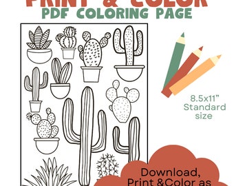 Cactus coloring page,plants coloring page, desert coloring page, adult coloring page, relaxing coloring page, easy to color, printable,
