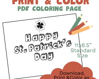 St.Patrick’s day printable coloring page,instant download and print,kids coloring crafts,kids activity to color,easy to color,kids crafts.