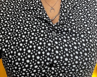 Midnight Starbursts Button Up Shirt | Celestial Sparkly White Stars Doodles on Black | Size Inclusive & Sustainable Queer Designed