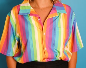 70s Rainbow Button-up Shirt / Retro Colorful Stripes Hawaiian Shirt