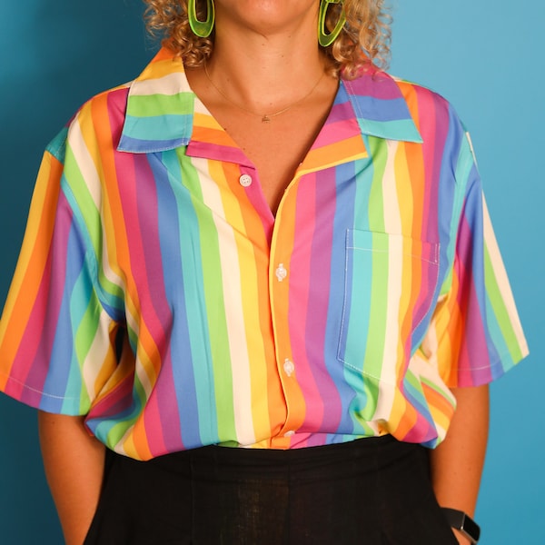 70s Rainbow Button-up Shirt / Retro Colorful Stripes Hawaiian Shirt