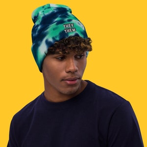 They Them Pronoun Beanie - Colorful Tie-Dye Embroidered Nonbinary Pride