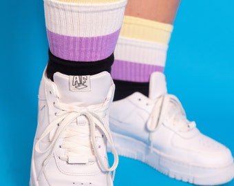 Pastel Nonbinary Socks / Knitted Enby Pride Socks / Pastel Non-binary Crew Socks