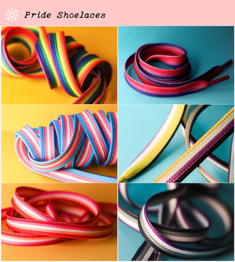 Pode incluir: Uma colagem de cadar&ccedil;os coloridos, cada um exibindo um design de bandeira do orgulho diferente. A parte superior esquerda mostra cadar&ccedil;os arco-&iacute;ris, enquanto outros apresentam designs que representam v&aacute;rias identidades LGBTQ+. O texto "Pride Shoelaces" est&aacute; no topo.
