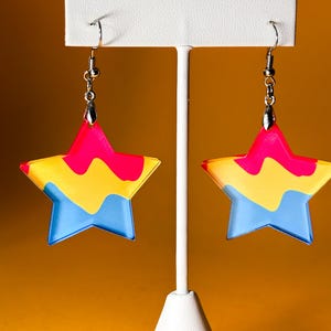 Pan Pride Star Earrings /  Colorful Acrylic Statement Pansexual Jewelry / Queer Handmade Dangle Earrings