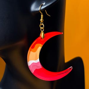 Lesbian Pride Crescent Moon Earrings /  Colorful Acrylic Statement Sapphic Jewelry / Queer Handmade Dangle Earrings