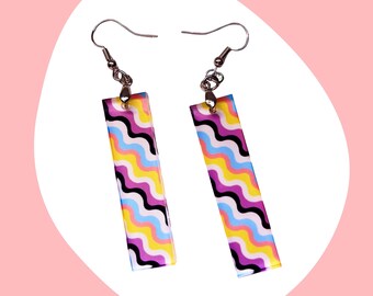 Squiggly Bar Earrings in Acrylic - Retro Queer Made Jewelry - Subtle Non-binary Trans Flag Drop Earrings