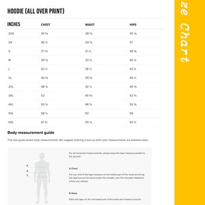 May include: A size chart for a hoodie with measurements in inches for chest, waist, and hips. The chart includes sizes from 2XS to 6XL. The text "Sabor a Libertad" is at the top. A body measurement guide is also included.