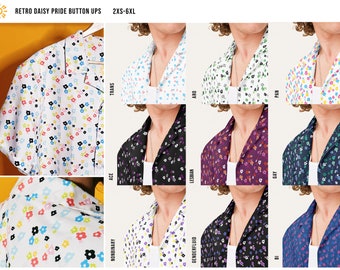 Camisas con botones retro de margaritas queer / Camisas con botones sutiles de orgullo Elige tu bandera LGBTQ+ / Diseño queer Talla inclusiva 2XS-6XL