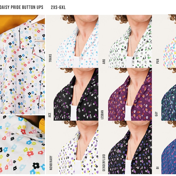 Queer retro madeliefje button-up / Subtiele Pride Button-shirts Kies je LGBTQ+-vlag / Queer-ontworpen maat inclusief 2XS-6XL