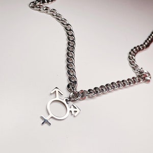 May include: A silver-colored chain necklace with a pendant featuring the transgender symbol. The pendant is a circle with an arrow pointing up and to the right, an arrow pointing up and to the left, and a cross at the bottom.