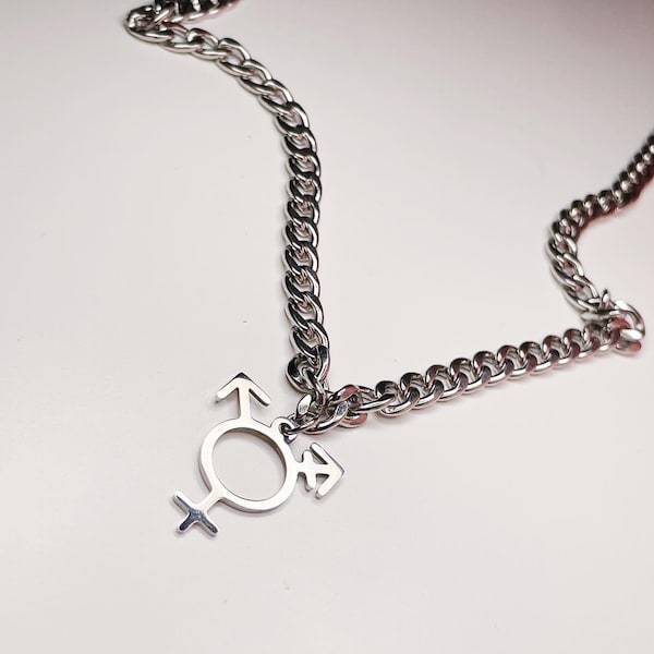 Transgender Necklace / Trans Pride Cuban Chain / Trans Symbol Charm Jewelry Stainless Steel