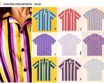 Camisas con botones de rayas del orgullo retro / Camisas con botones del orgullo LGBTQ+ / Camisas inclusivas de talla no binaria / Tienda propiedad de personas queer
