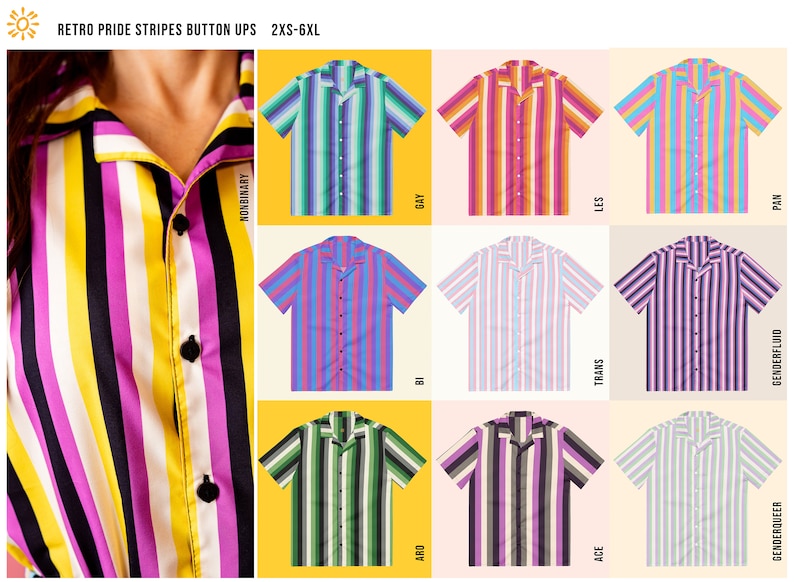 Retro Pride Stripes Button Shirts / LGBTQ Pride Button Ups / Nonbinary Size Inclusive Shirts / Queer Owned Shop image 1