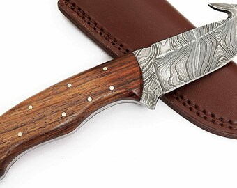 Christmas Gift Custom Handmade Damascus steel Gut Hook Hunting Knife, 9'' Knife with leather sheath,Camping Knife set,