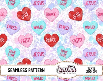 Seamless Pattern Christian Candy Hearts Splatter, Hand Drawn Original Designer