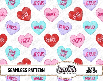 Seamless Pattern Christian Candy Hearts, Hand Drawn Original Designer