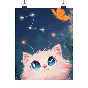 Whimsical Celestial Kitten Art Print: Butterfly Nursery Decor, Cat Lover Gift, Magical Wall Poster
