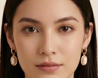 18k  Natural Handcrafted  Cameo Vintage Style Hoop Earrings Yellow Gold Au750
