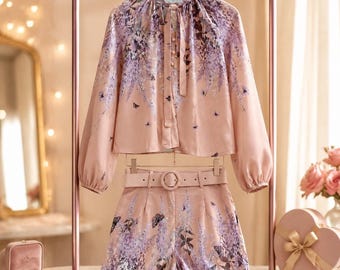 Pink Floral Butterfly Print Blouse and Shorts Set, Medium Size
