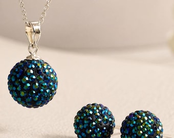 Blue Crystal Ball 12 mm  Aurora Borealis  Set  Stud Earrings and Pendant - Fine Jewelry Silver  Jewellery Free Shipping