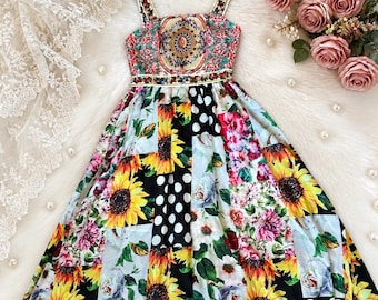 Vintage Style Sunflower Floral Maxi Dress, Square Neck Ruffle Straps, Slim Fit