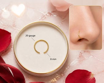 18K Solid Gold Nose Hoop Ring, 20G 8mm Ball End Tragus Septum Helix Piercing