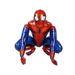 May include: A red, blue, and black Spider-Man foil balloon in a crouching pose. The balloon features the character's iconic mask with white eye lenses, a spider web design, and a spider emblem on the chest.