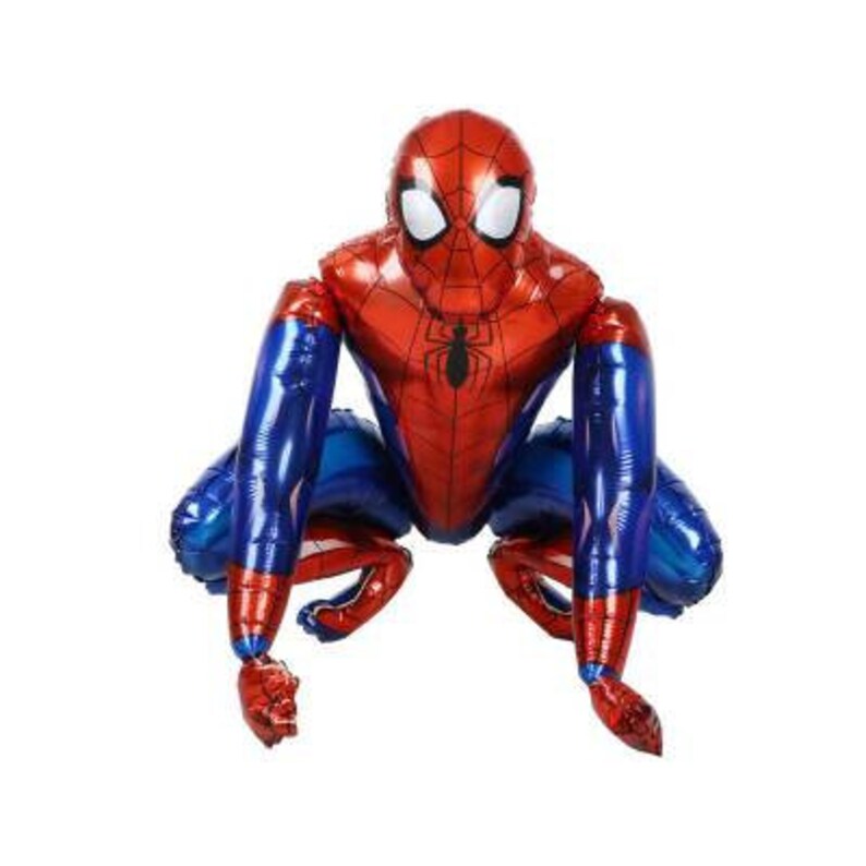 May include: A red, blue, and black Spider-Man foil balloon in a crouching pose. The balloon features the character's iconic mask with white eye lenses, a spider web design, and a spider emblem on the chest.