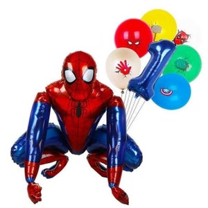 May include: A large red and blue Spider-Man balloon in a crouching pose, with several colorful balloons attached. The balloons include a blue number 1, a red balloon with a Spider-Man face, and other character-themed balloons.
