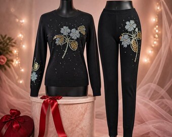 Black Blouse & Pants Set Beaded Embroidery Flowers Knitted , Vintage Style , XL